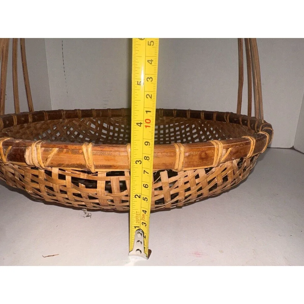 Vintage Handwoven Reed Appalachian Basket Open Lattice Weave Double Handle 16”